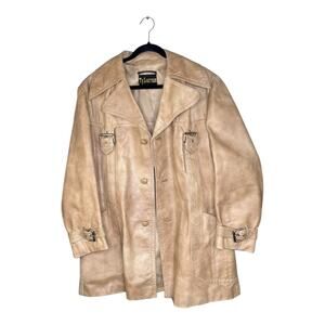 Vtg 70s Leather Jacket Long Coat Mens 40 Disco Mafia Mob Boss Buckles Tan